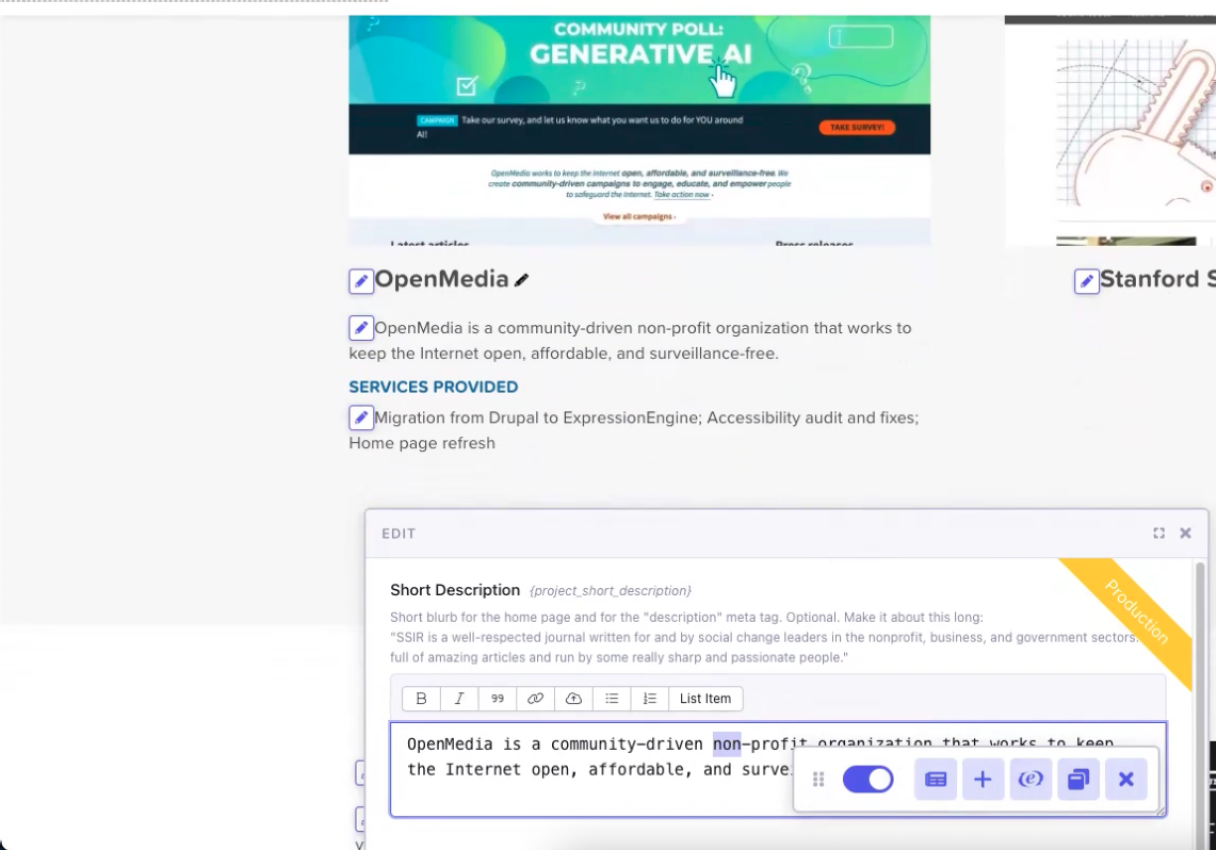 Screenshot of EE front-end editing form on live site